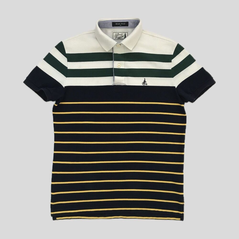Bean Pole Navy Green Striped Preppy Short Sleeve Polo Shirt Size 95 S